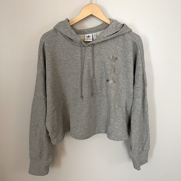 adidas Tops - Adidas Grey and Silver Trefoil Cropped Hoodie